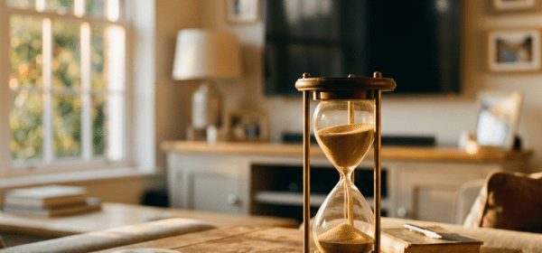 Hourglass on wooden coffee table in sunlit cozy living room