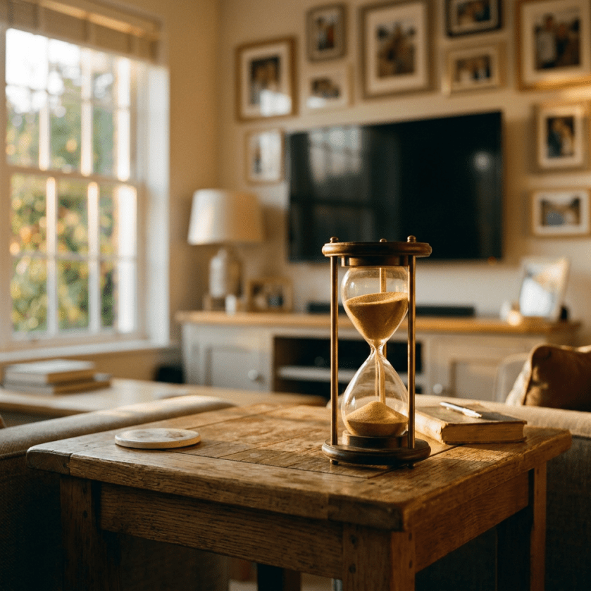 Hourglass on wooden coffee table in sunlit cozy living room