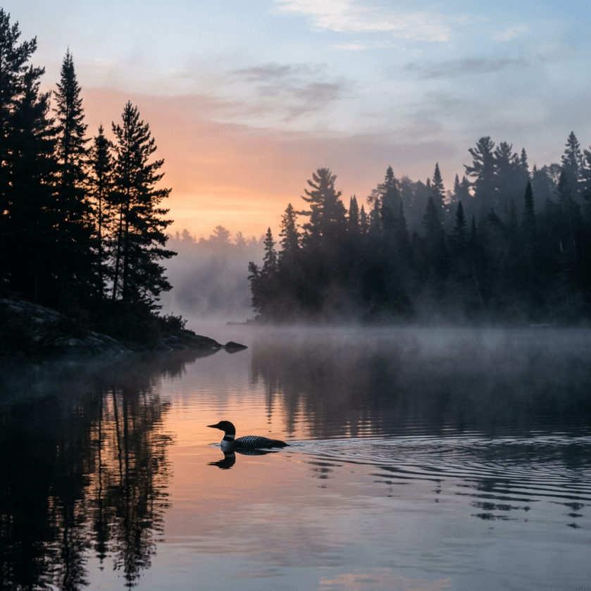 Loon swimming on calm mist-covered lake at sunrise with pine tree silhouettes